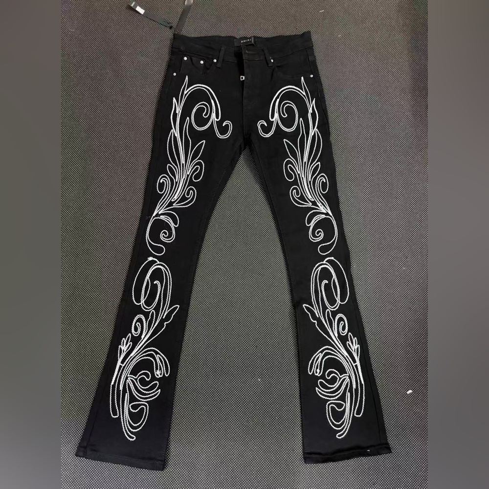 Amiri Black Western Scroll Embroidered Flare Jeans Slim Fit Denim Pants